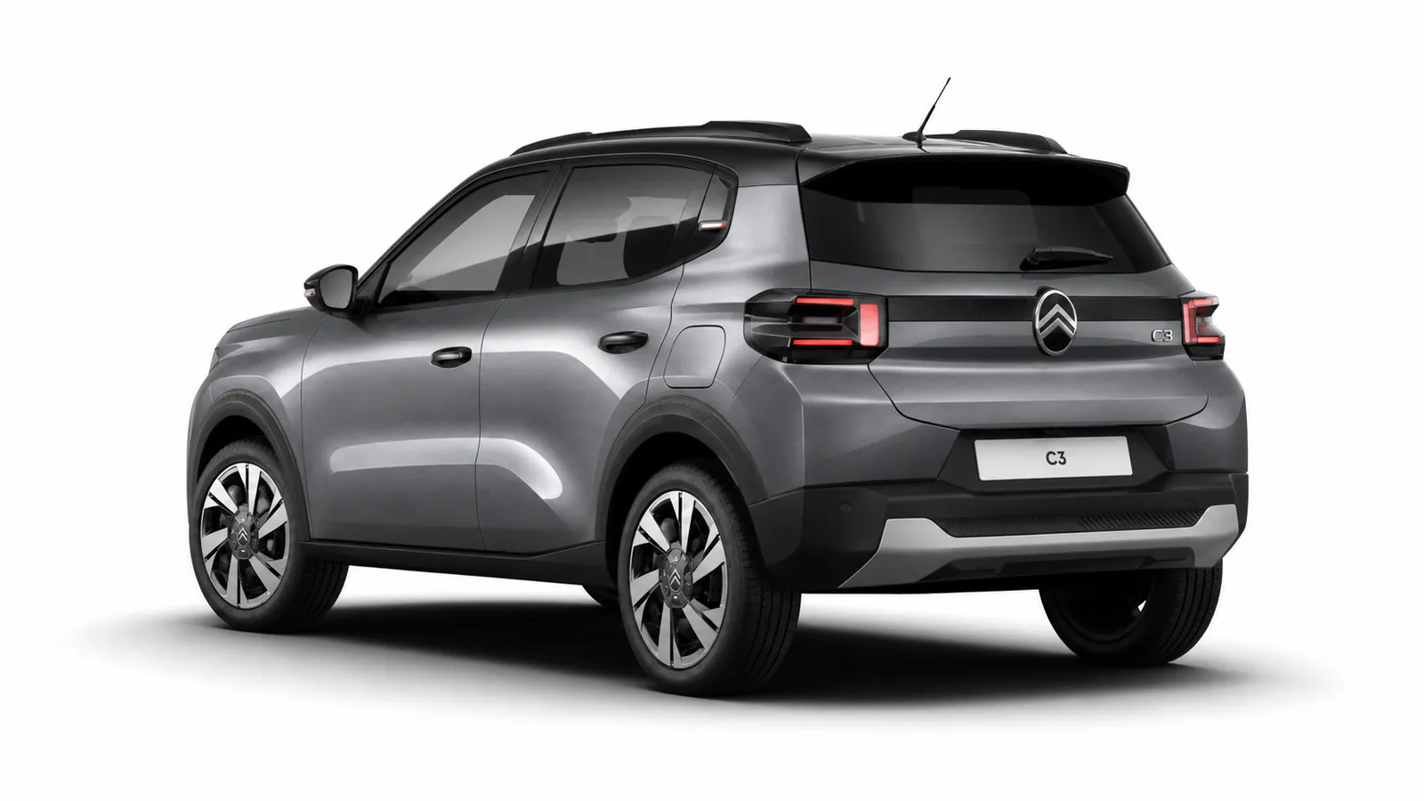 Citroën C3 Plus Hybrid 110 Mercury Grey, vista posteriore tre quarti
